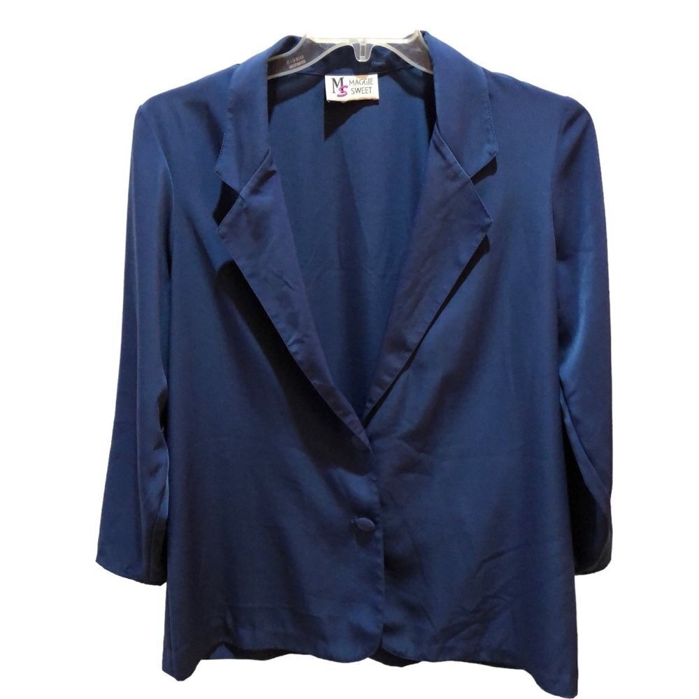 Maggie Sweet Womens Petite Medium Blue 2 Button Front Blazer Jacket Coat Size PM